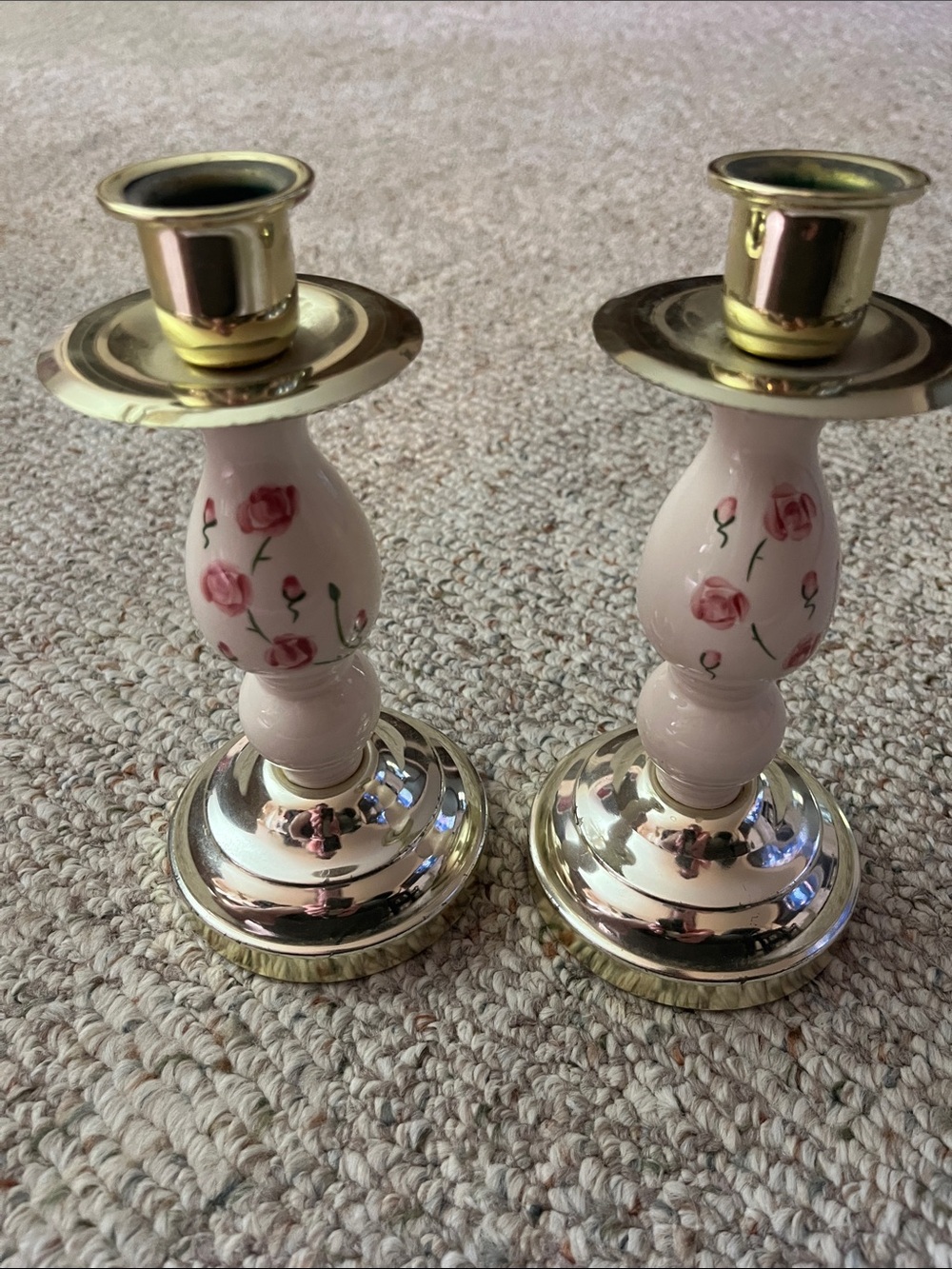 Vintage Home Interior Floral Pink Brass Candlestick Pair